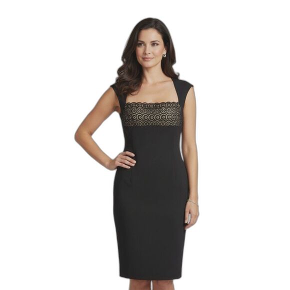 David Meister Geometric Lace Front Angled Neckline Capped Sleeve Black Dress - Picture 1 of 16